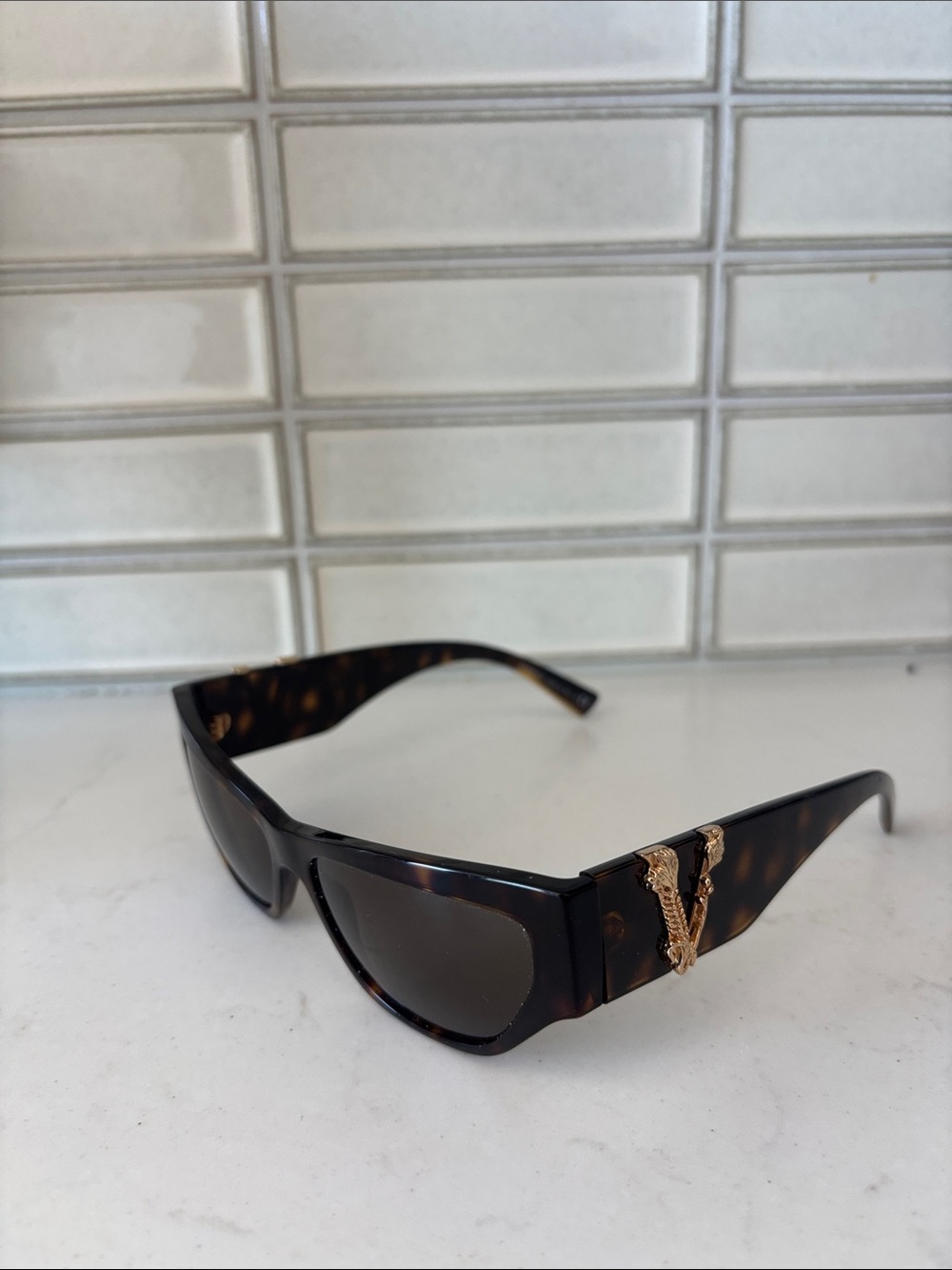 Versace Inspired Tortoiseshell Sunglasses with Gold V Accent